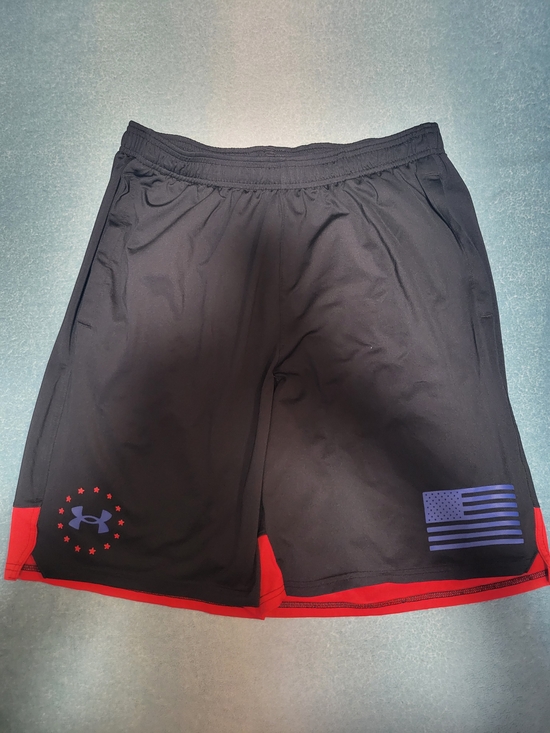 Under Armour Other - Under Armour Men’s Black Shorts with Red Hem and Blue Flag